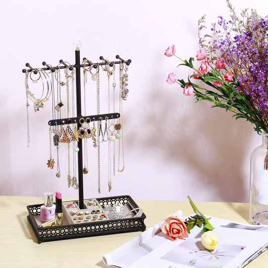 Jewelry Tree Stand Organizer 3In1 Necklace Organizer Display Bracelet Earrings and Ring Tray Jewelry Holder Hanger Metal(Black)