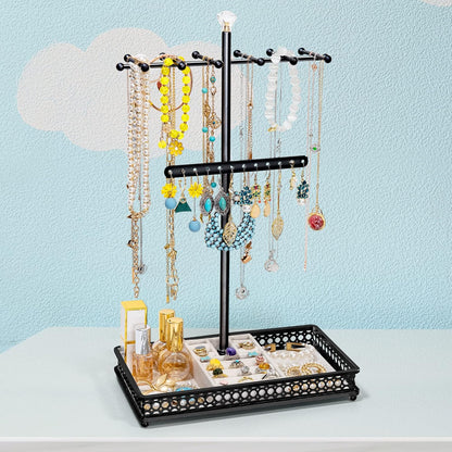 Jewelry Tree Stand Organizer 3In1 Necklace Organizer Display Bracelet Earrings and Ring Tray Jewelry Holder Hanger Metal（Black）