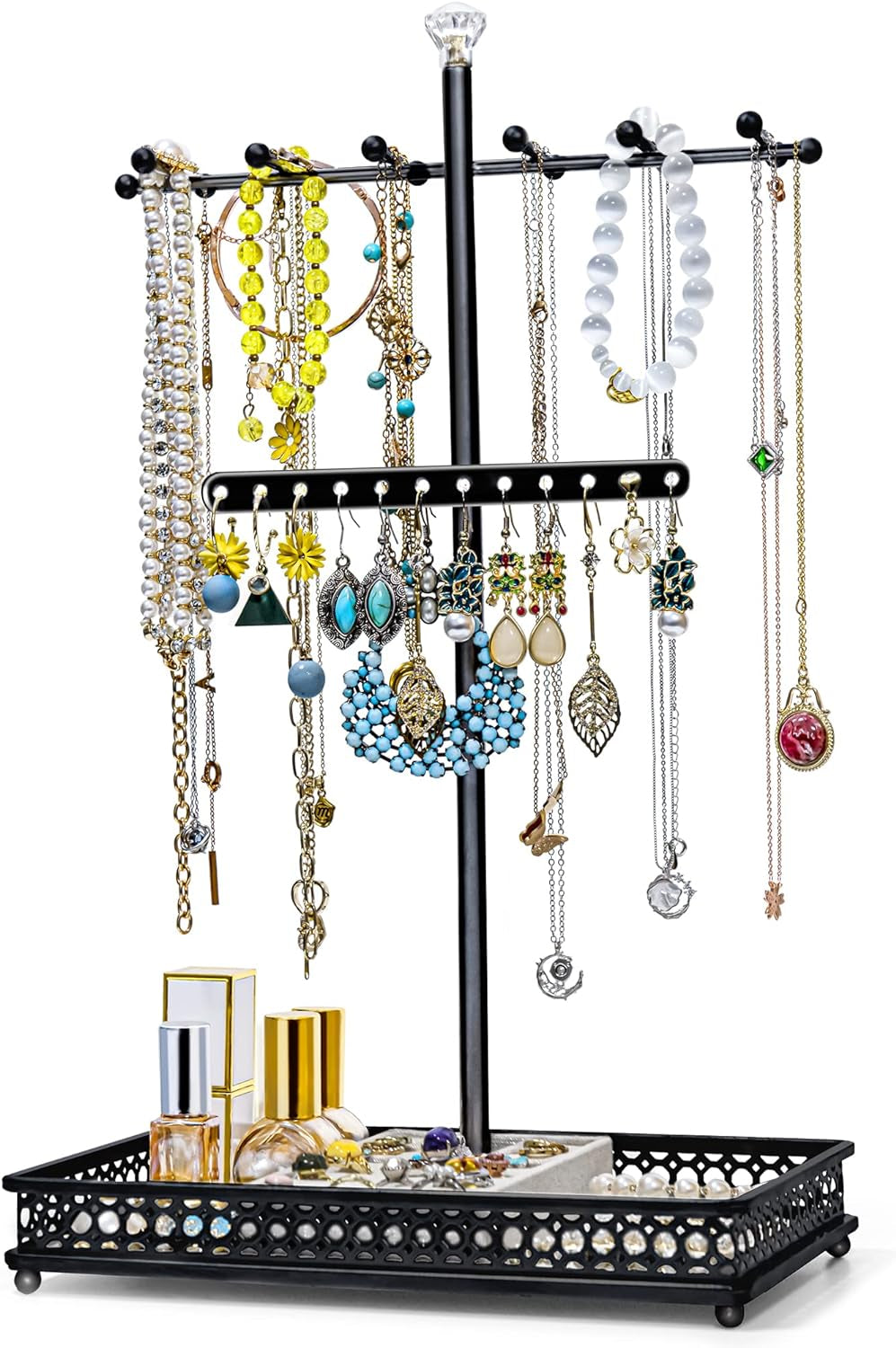 Jewelry Tree Stand Organizer 3In1 Necklace Organizer Display Bracelet Earrings and Ring Tray Jewelry Holder Hanger Metal（Black）