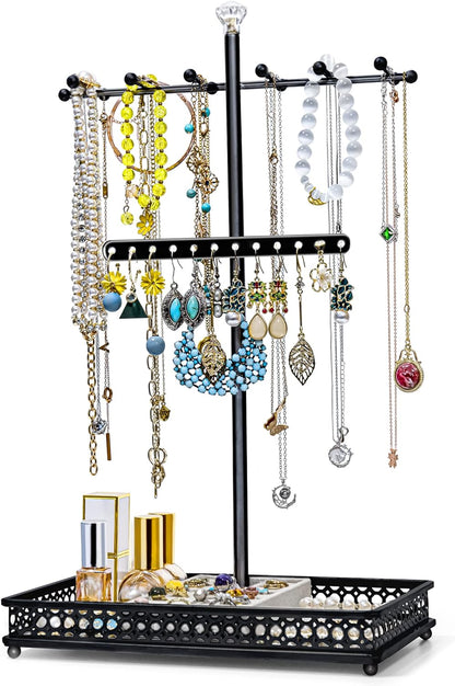 Jewelry Tree Stand Organizer 3In1 Necklace Organizer Display Bracelet Earrings and Ring Tray Jewelry Holder Hanger Metal（Black）