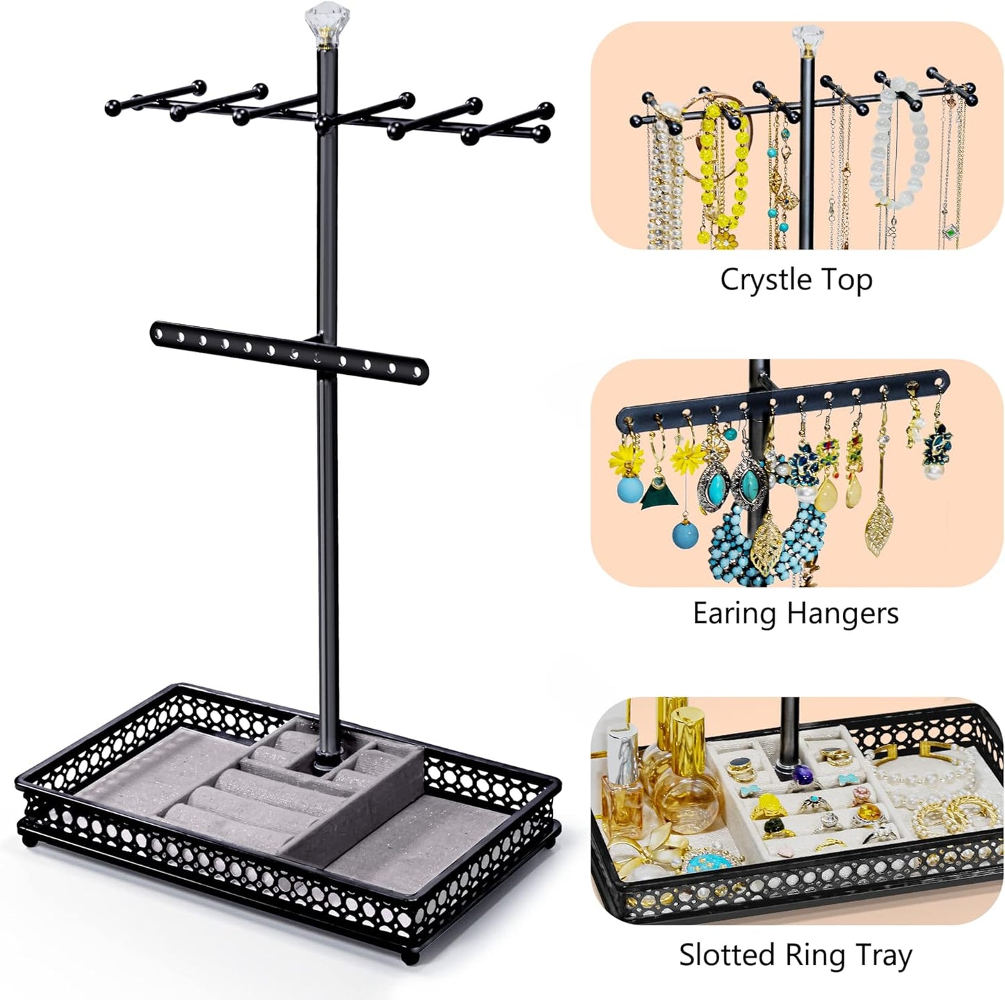 Jewelry Tree Stand Organizer 3In1 Necklace Organizer Display Bracelet Earrings and Ring Tray Jewelry Holder Hanger Metal（Black）