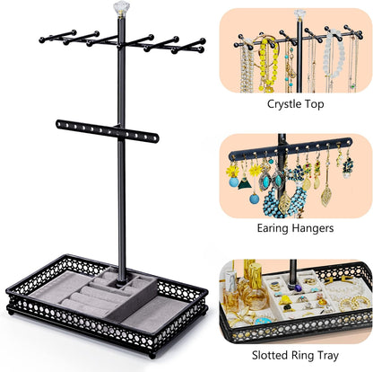 Jewelry Tree Stand Organizer 3In1 Necklace Organizer Display Bracelet Earrings and Ring Tray Jewelry Holder Hanger Metal（Black）