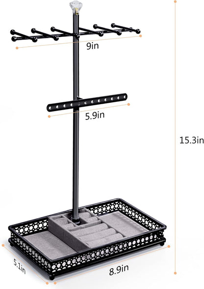 Jewelry Tree Stand Organizer 3In1 Necklace Organizer Display Bracelet Earrings and Ring Tray Jewelry Holder Hanger Metal（Black）
